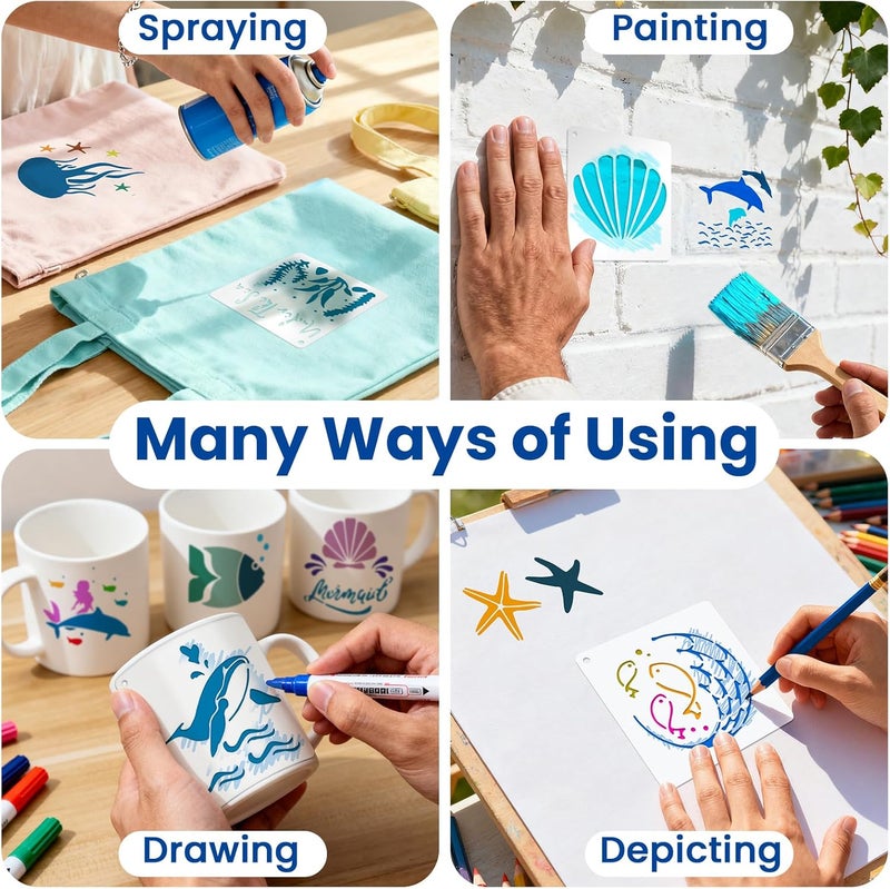 Amrules 65 Pcs Painting Stencils, Ocean Theme Drawing Templates Set for Crafts, Reusable DIY Art Stencil Sets for Wood, Walls, Cards, Fabrics, Rocks and Home Decoration, 4 x 4 Inch - Image 3
